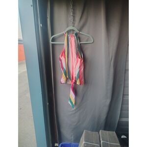 Anna Grace Multi Color Vertical Stripe Halter Neck Front Top Small Pink Green